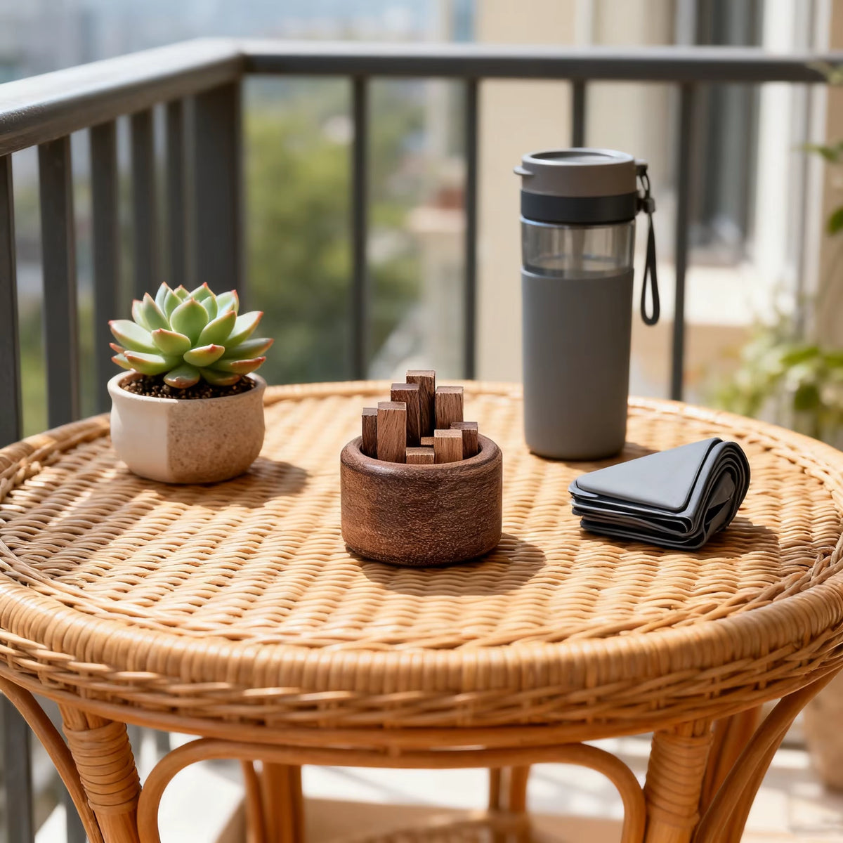 Wooden fragrance diffuser on a rattan table with a succulent