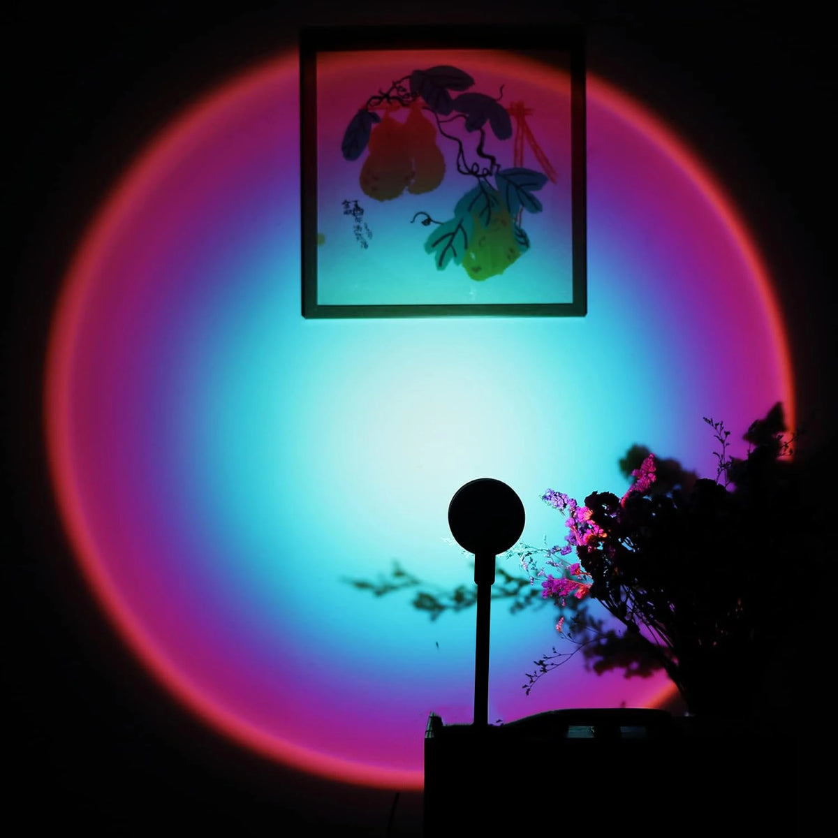 Sunset projection lamp casting a circle of rainbow light behind a plant