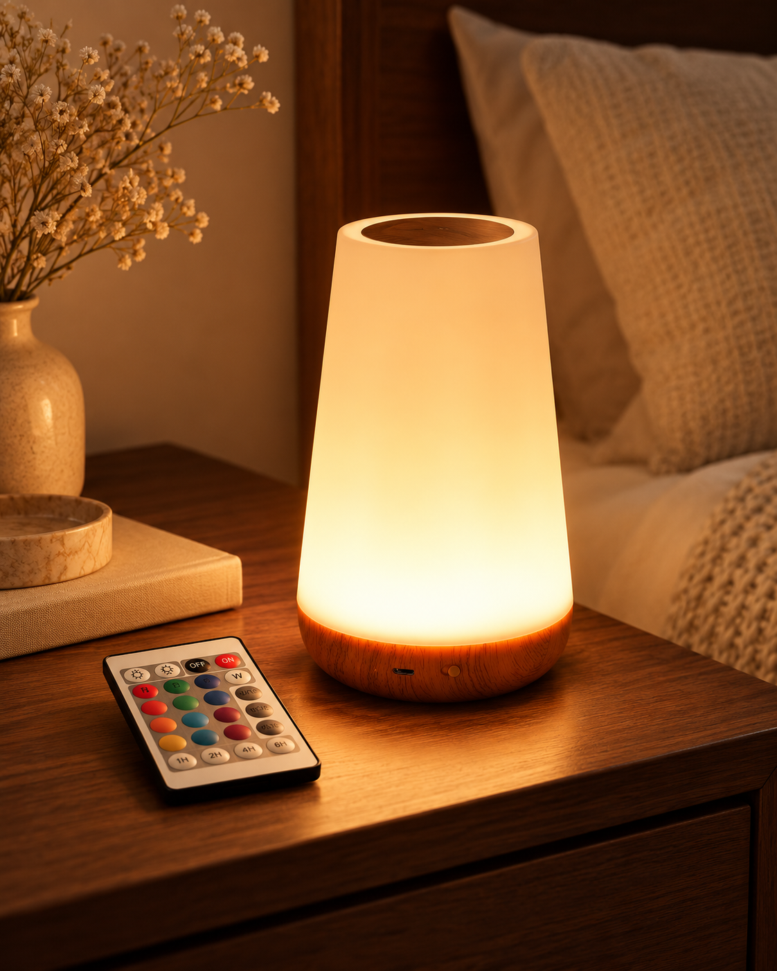 Warm bedside lamp glowing on a wooden table beside books and dried flowers