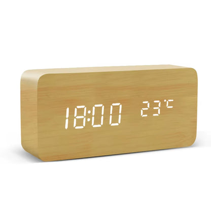Rectangular bamboo wooden LED clock showing the temperature
