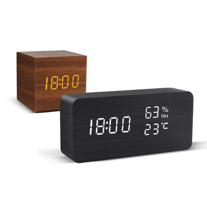 Square brown and rectangular black wooden LED clocks
