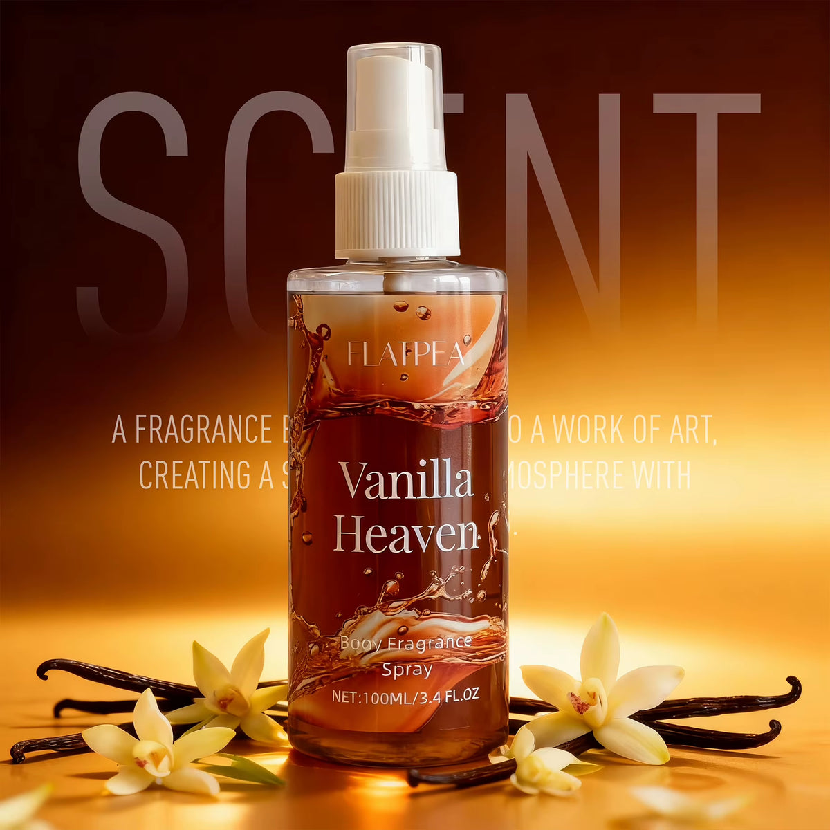 Vanilla fragrance spray with vanilla pods and flowers