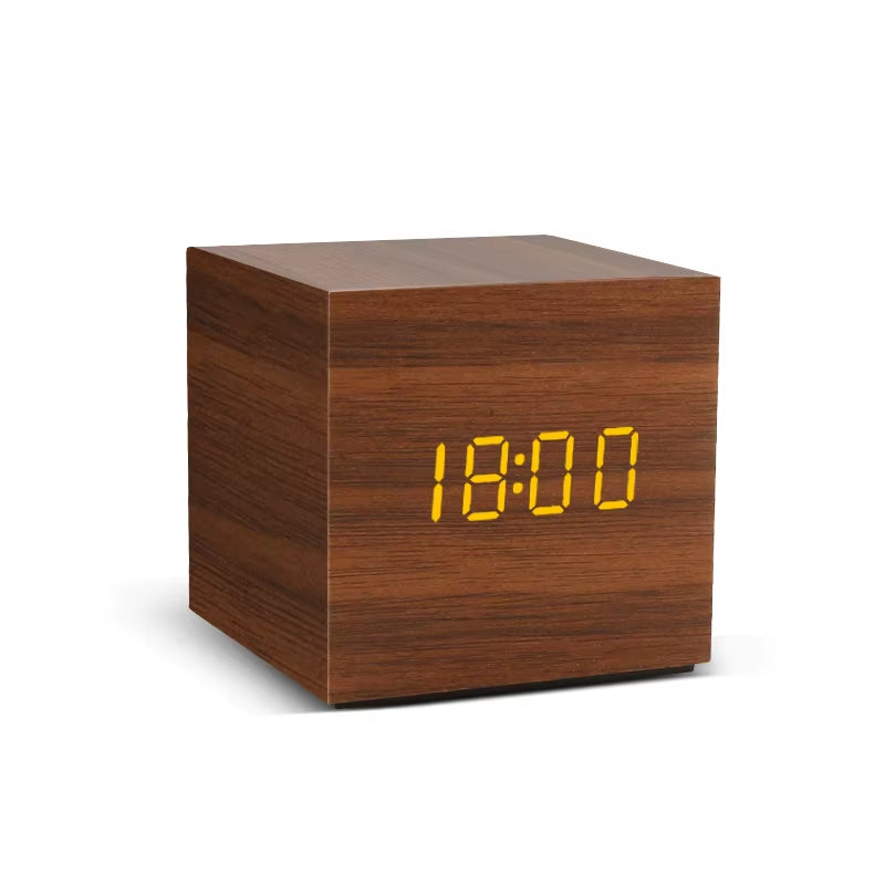 Square brown wooden LED clock
