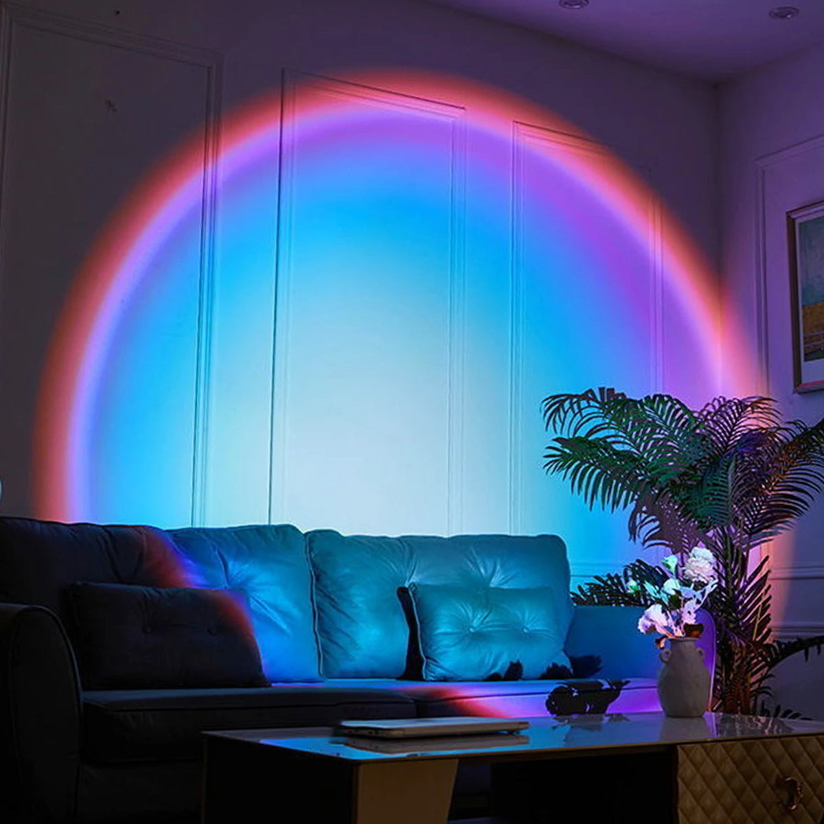 Rainbow sunset light projected across a living room wall