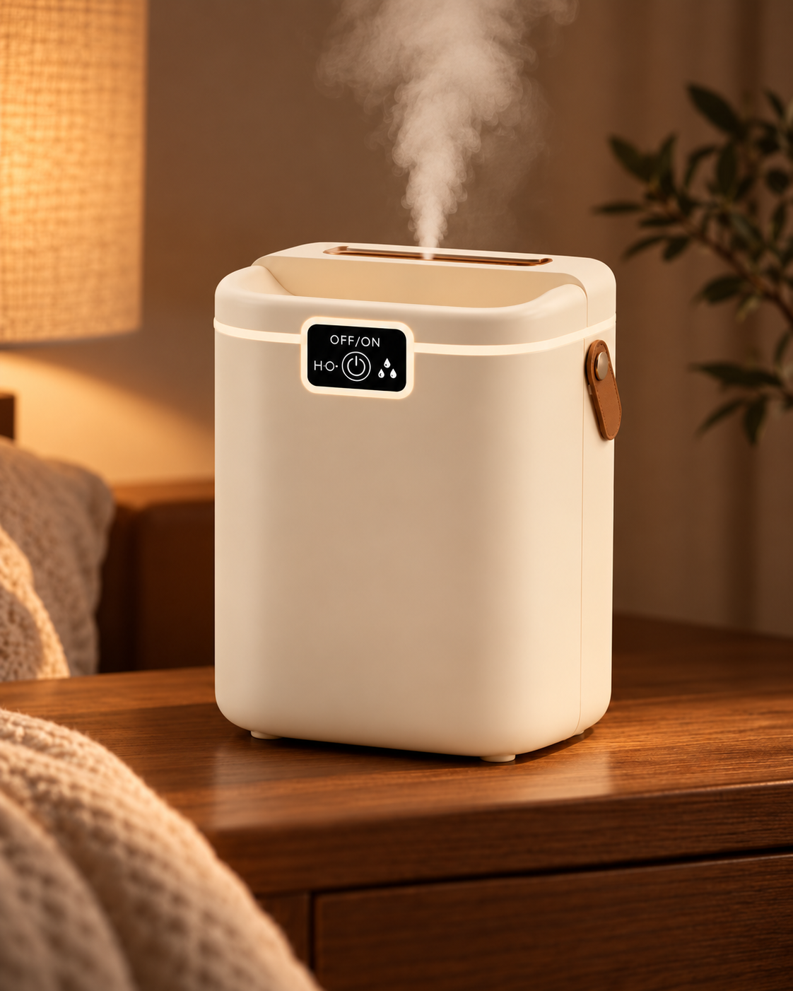 Cream 2L humidifier releasing mist on a wooden bedside table