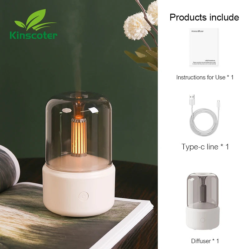 Beige mini aroma diffuser with clear shade and box contents