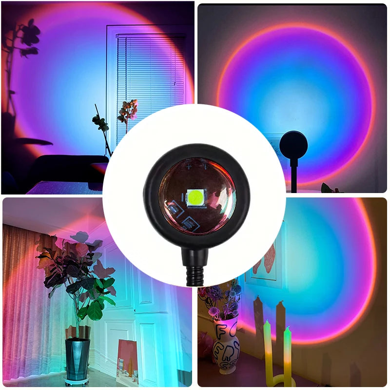 Sunset projection lamp head and its rainbow light in different rooms