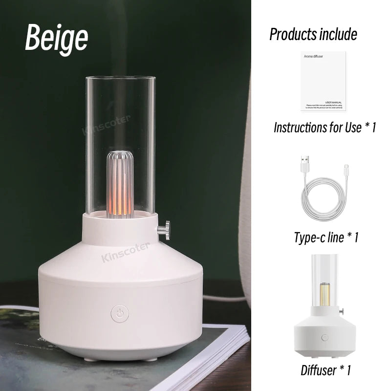 Beige mini aroma diffuser with tall glass chimney and box contents