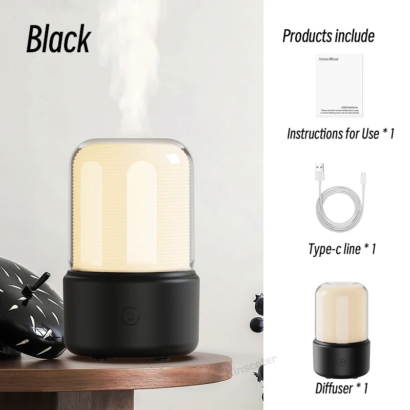 Black mini aroma diffuser with frosted shade and box contents