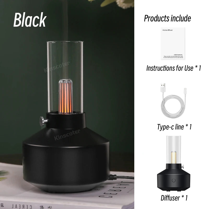 Black mini aroma diffuser with tall glass chimney and box contents