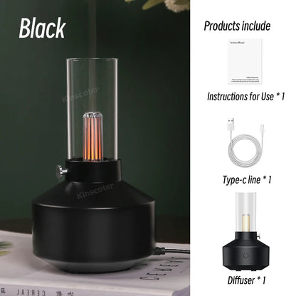 Black mini aroma diffuser with tall glass chimney and box contents