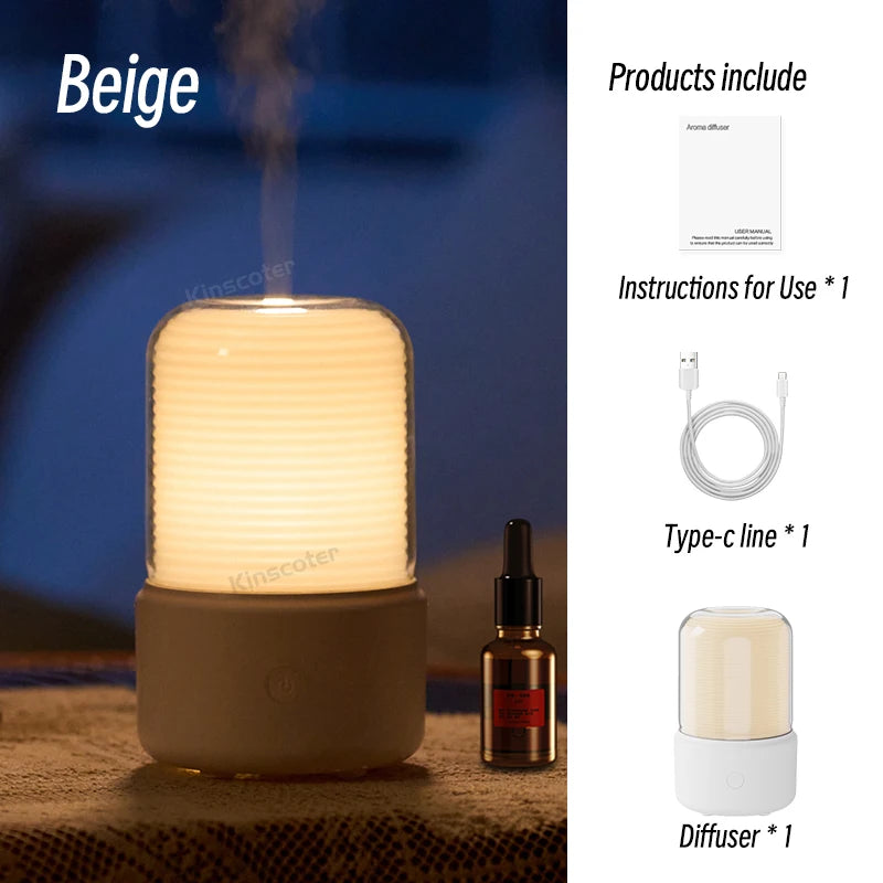 Beige mini aroma diffuser with frosted shade and box contents