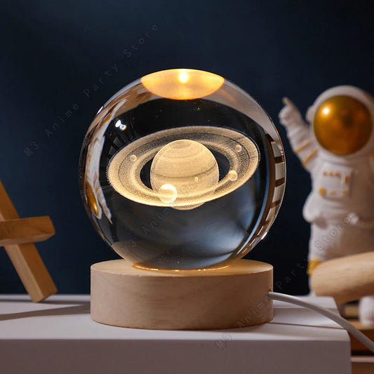 Mini crystal ball night light with a 3D Saturn on a wooden base