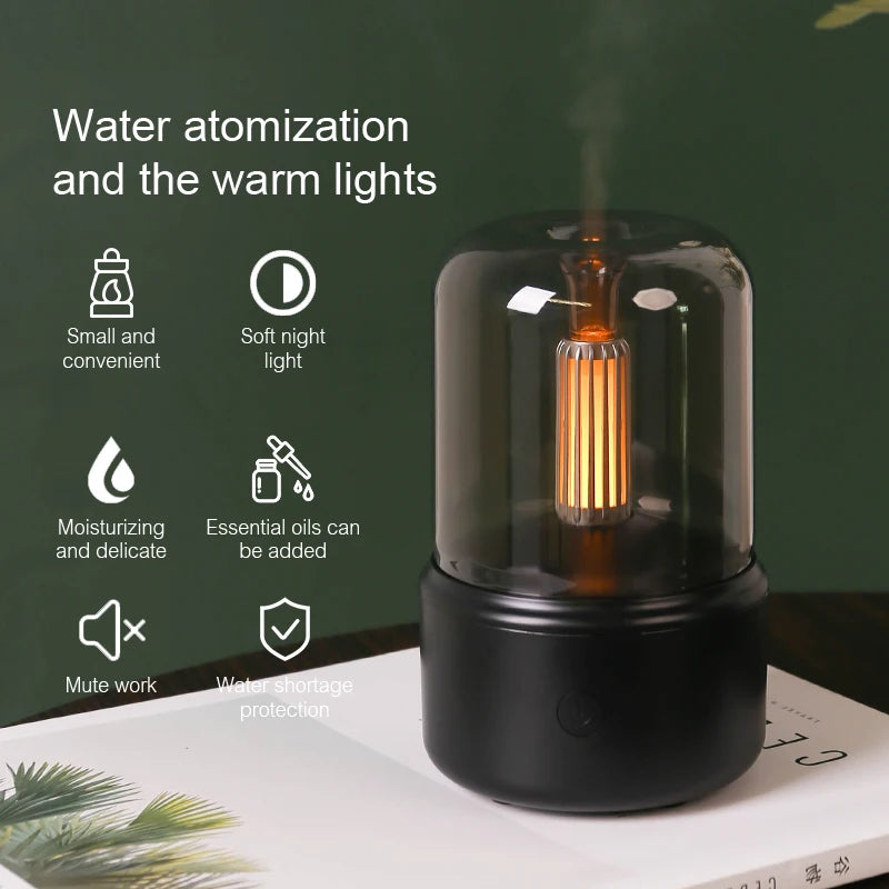 Mini aroma diffuser with warm candle-style light and mist