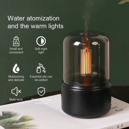 Mini aroma diffuser with warm candle-style light and mist