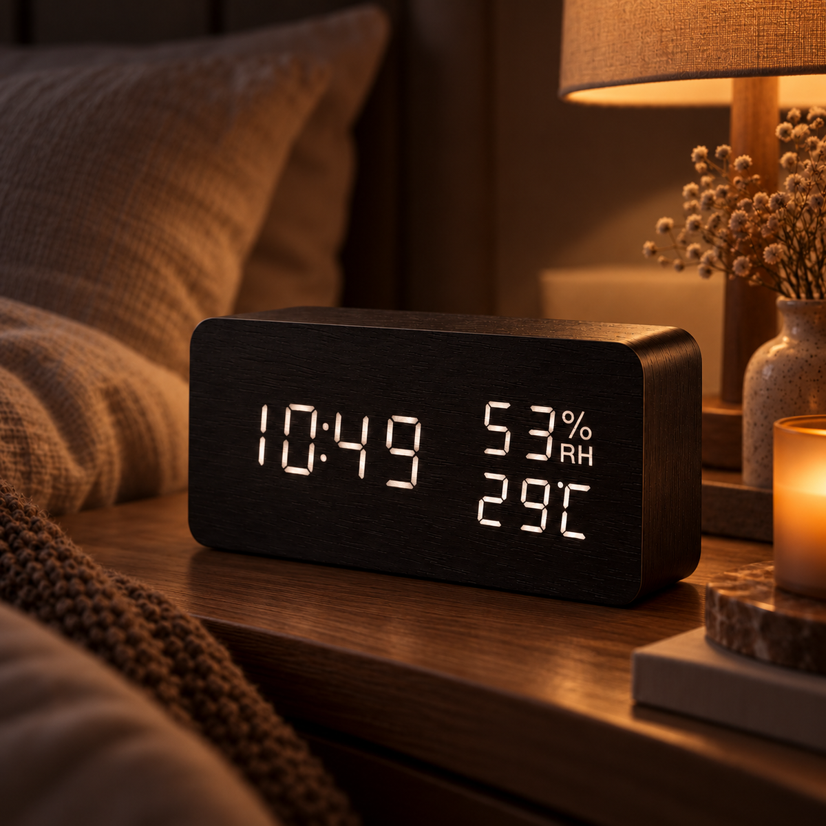 Black wooden LED alarm clock showing time, humidity and temperature on a bedside table
