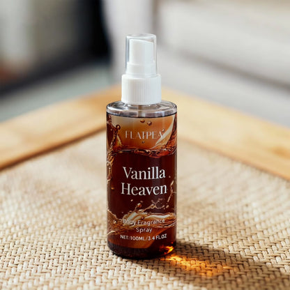 Vanilla fragrance spray on a woven table mat