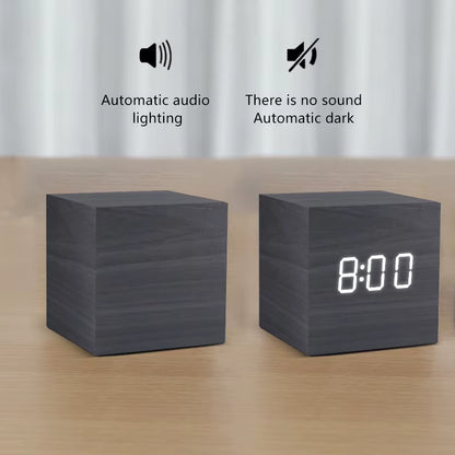 Square black wooden LED clocks with the display on and off