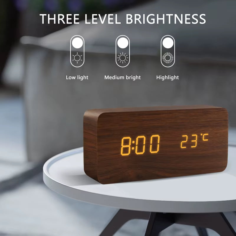 Brown wooden LED alarm clock at three brightness levels