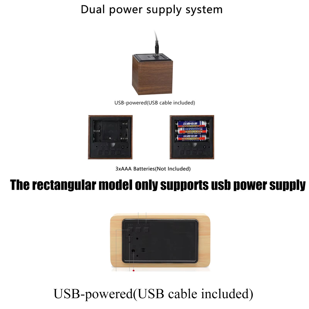 Wooden LED clock power options, USB cable or batteries