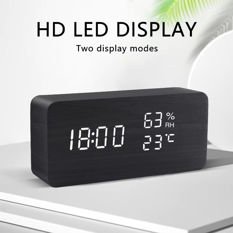Rectangular black wooden LED clock and its display modes