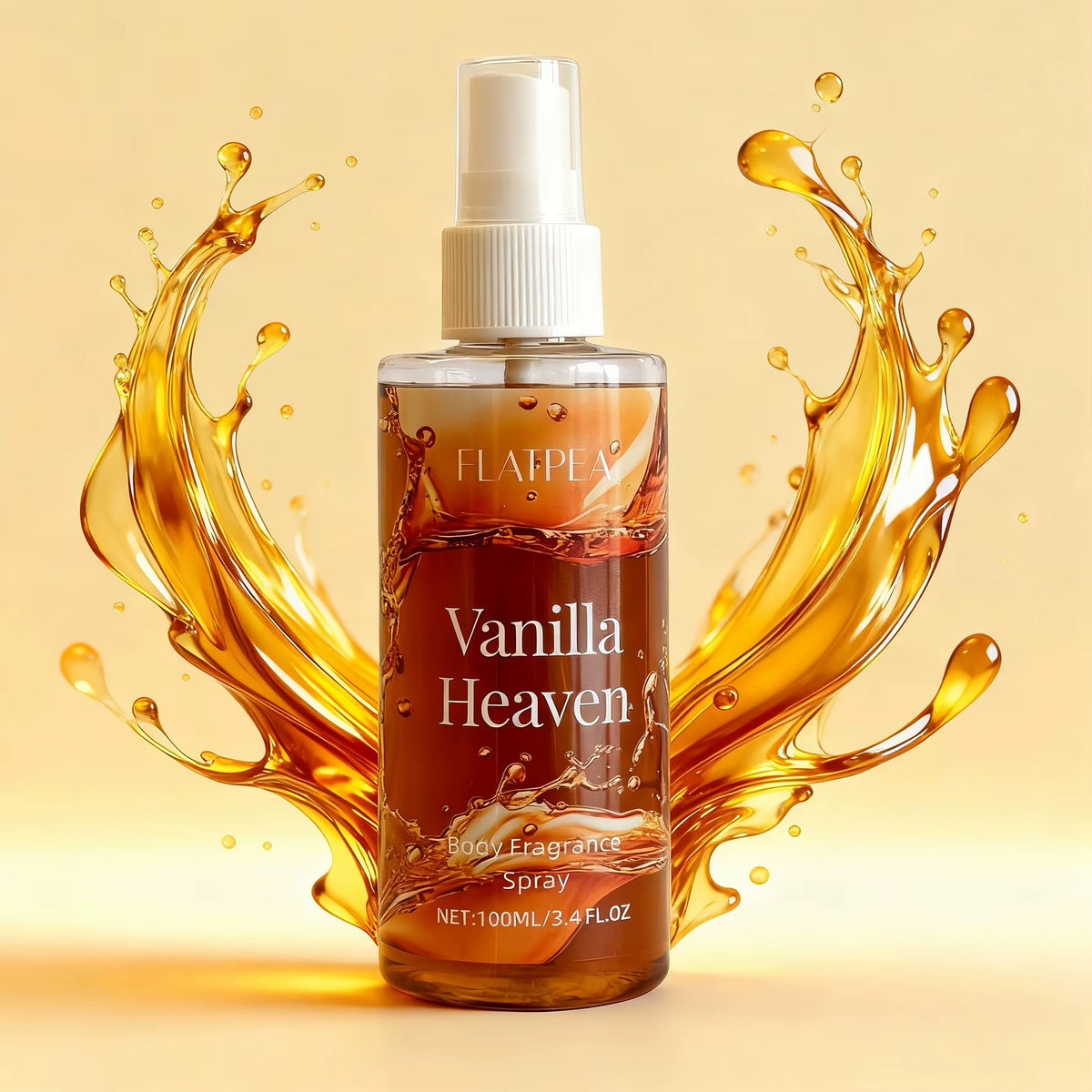 Vanilla fragrance spray with a splash of amber liquid